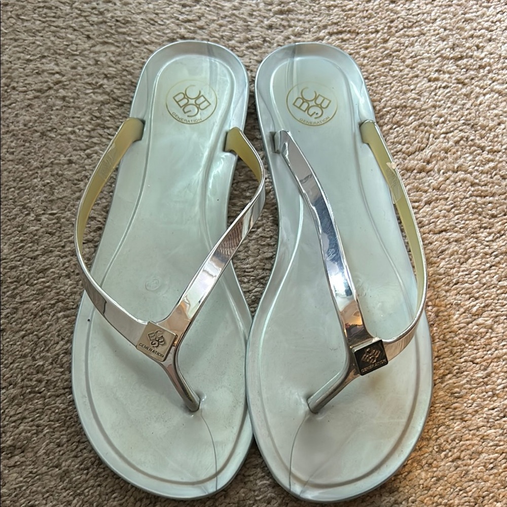 BCBG Silver Metallic Sandals with Shiny Finish